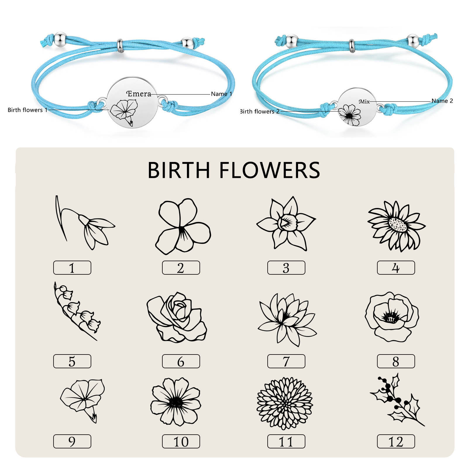 2-PCS Personalised Elastic Cord Bracelets, Customized With 2 Birth Flowers & 2 Names, Gift For Daughter