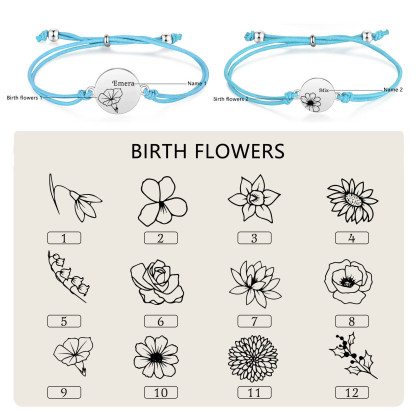 2-PCS Personalised Elastic Cord Bracelets, Customized With 2 Birth Flowers & 2 Names, Gift For Daughter