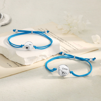 2-PCS Personalised Elastic Cord Bracelets, Customized With 2 Birth Flowers & 2 Names, Gift For Daughter
