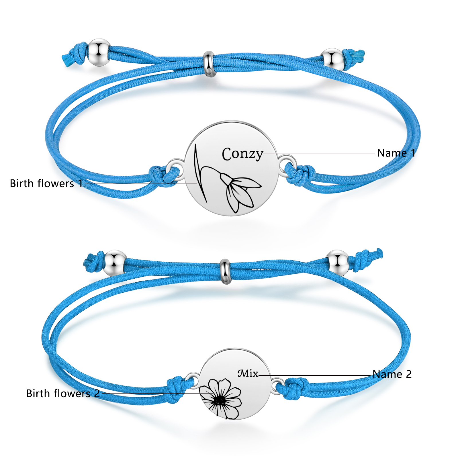 2-PCS Personalised Elastic Cord Bracelets, Customized With 2 Birth Flowers & 2 Names, Gift For Daughter