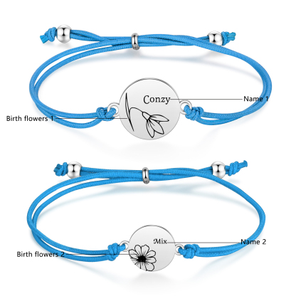 2-PCS Personalised Elastic Cord Bracelets, Customized With 2 Birth Flowers & 2 Names, Gift For Daughter