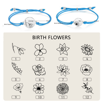 2-PCS Personalised Elastic Cord Bracelets, Customized With 2 Birth Flowers & 2 Names, Gift For Daughter