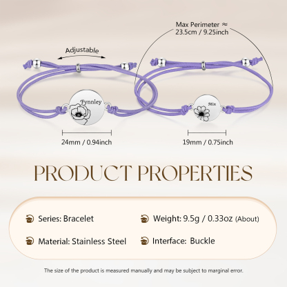 2-PCS Personalised Elastic Cord Bracelets, Customized With 2 Birth Flowers & 2 Names, Gift For Daughter