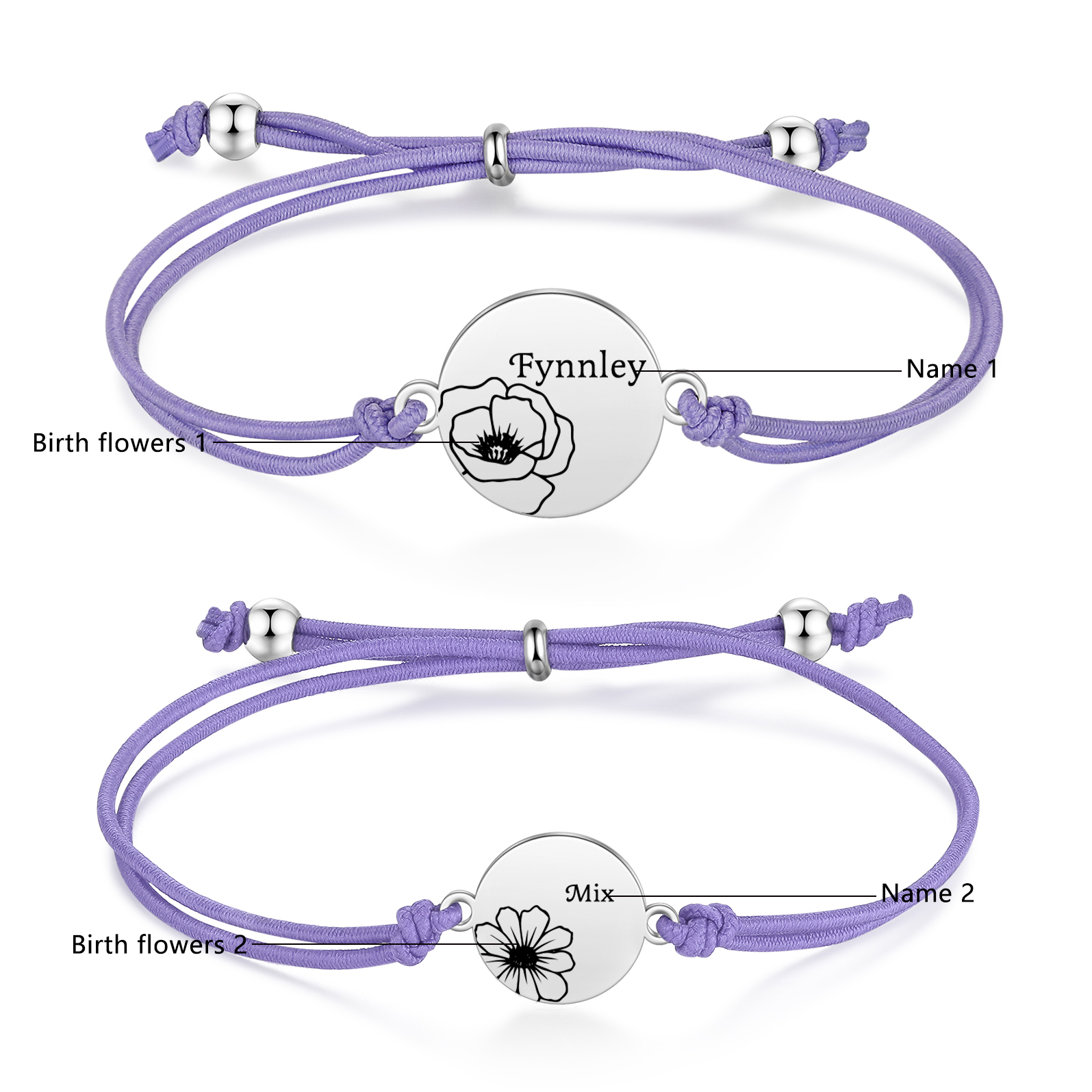 2-PCS Personalised Elastic Cord Bracelets, Customized With 2 Birth Flowers & 2 Names, Gift For Daughter