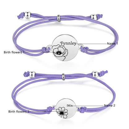 2-PCS Personalised Elastic Cord Bracelets, Customized With 2 Birth Flowers & 2 Names, Gift For Daughter