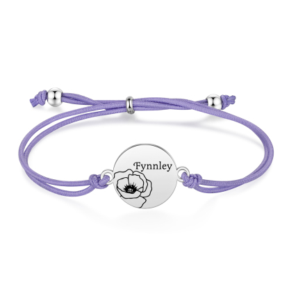 2-PCS Personalised Elastic Cord Bracelets, Customized With 2 Birth Flowers & 2 Names, Gift For Daughter