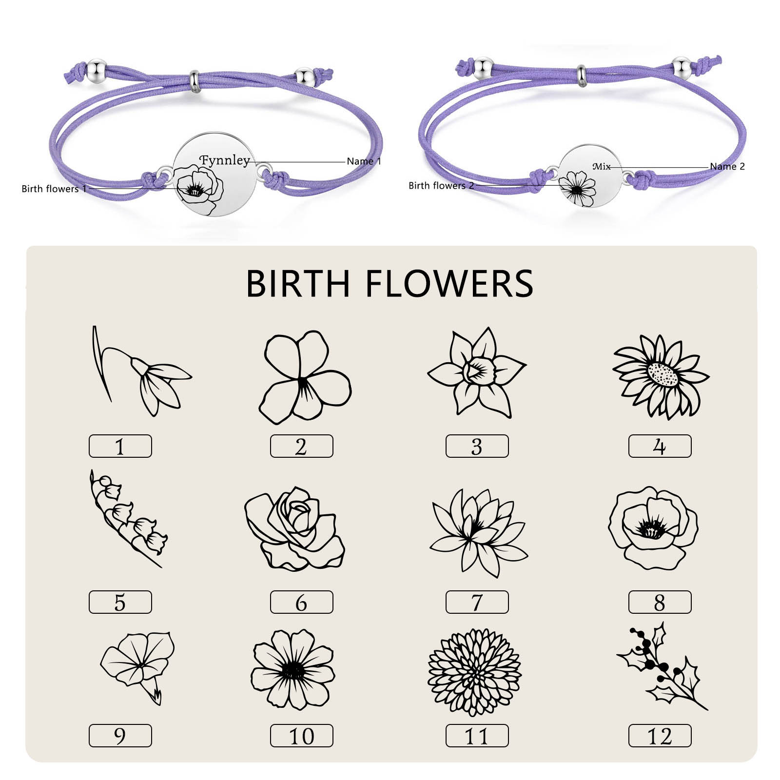 2-PCS Personalised Elastic Cord Bracelets, Customized With 2 Birth Flowers & 2 Names, Gift For Daughter