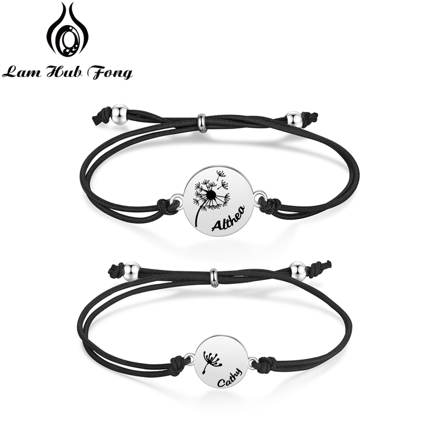 2-PCS Personalised Elastic Cord Bracelet with Dandelion Pattern, Customized with 2 Names, Gift for Daughter