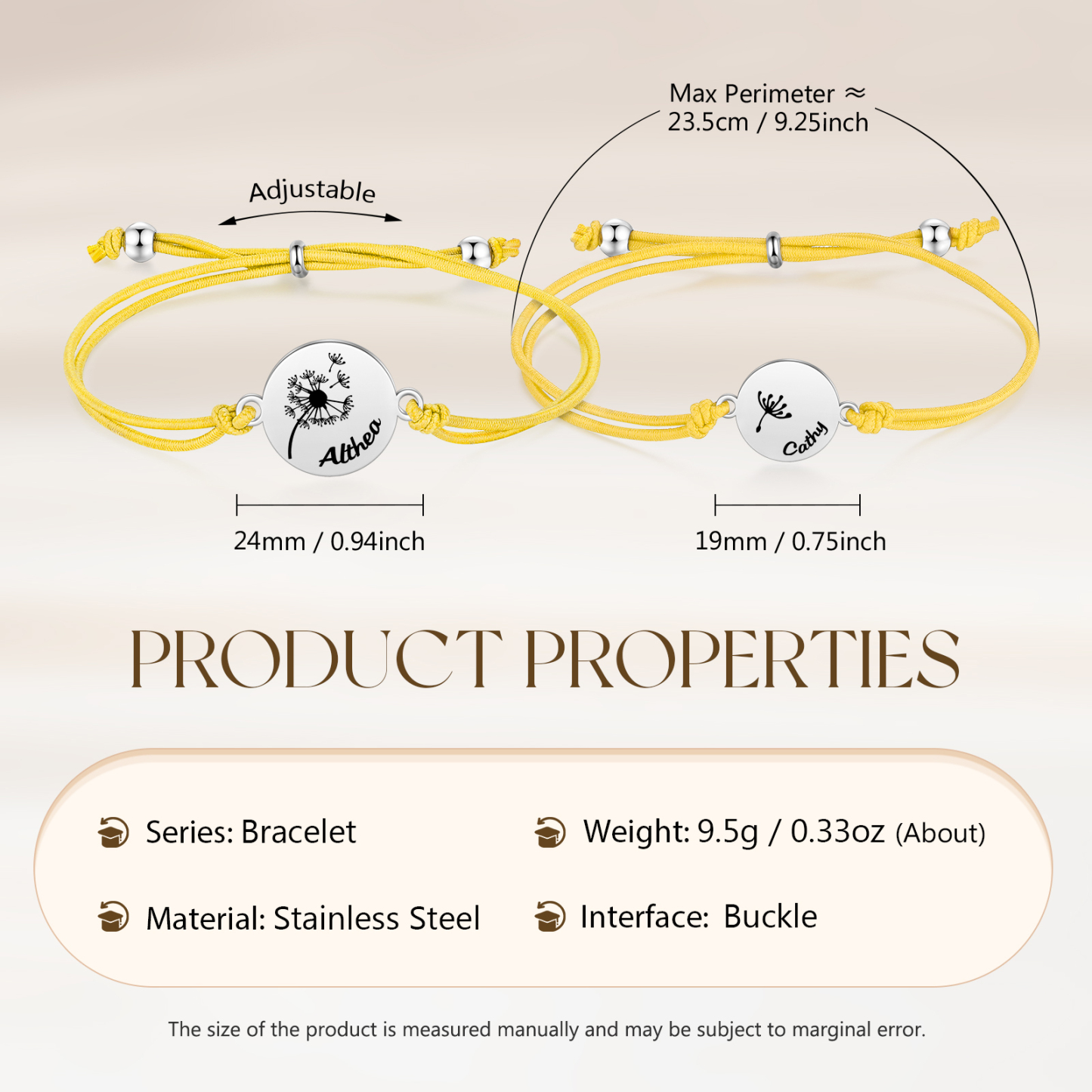 2-PCS Personalised Elastic Cord Bracelet with Dandelion Pattern, Customized with 2 Names, Gift for Daughter