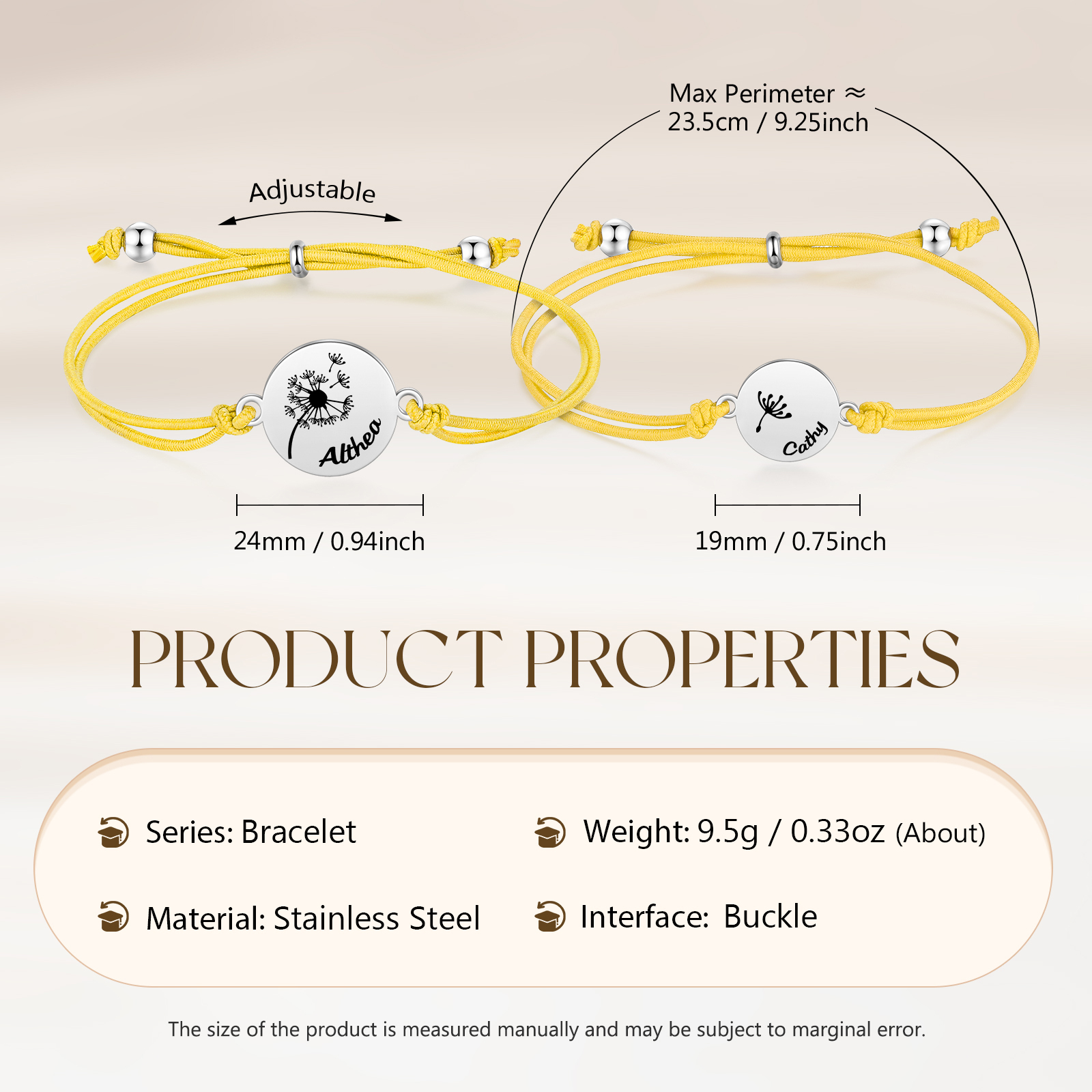2-PCS Personalised Elastic Cord Bracelet with Dandelion Pattern, Customized with 2 Names, Gift for Daughter