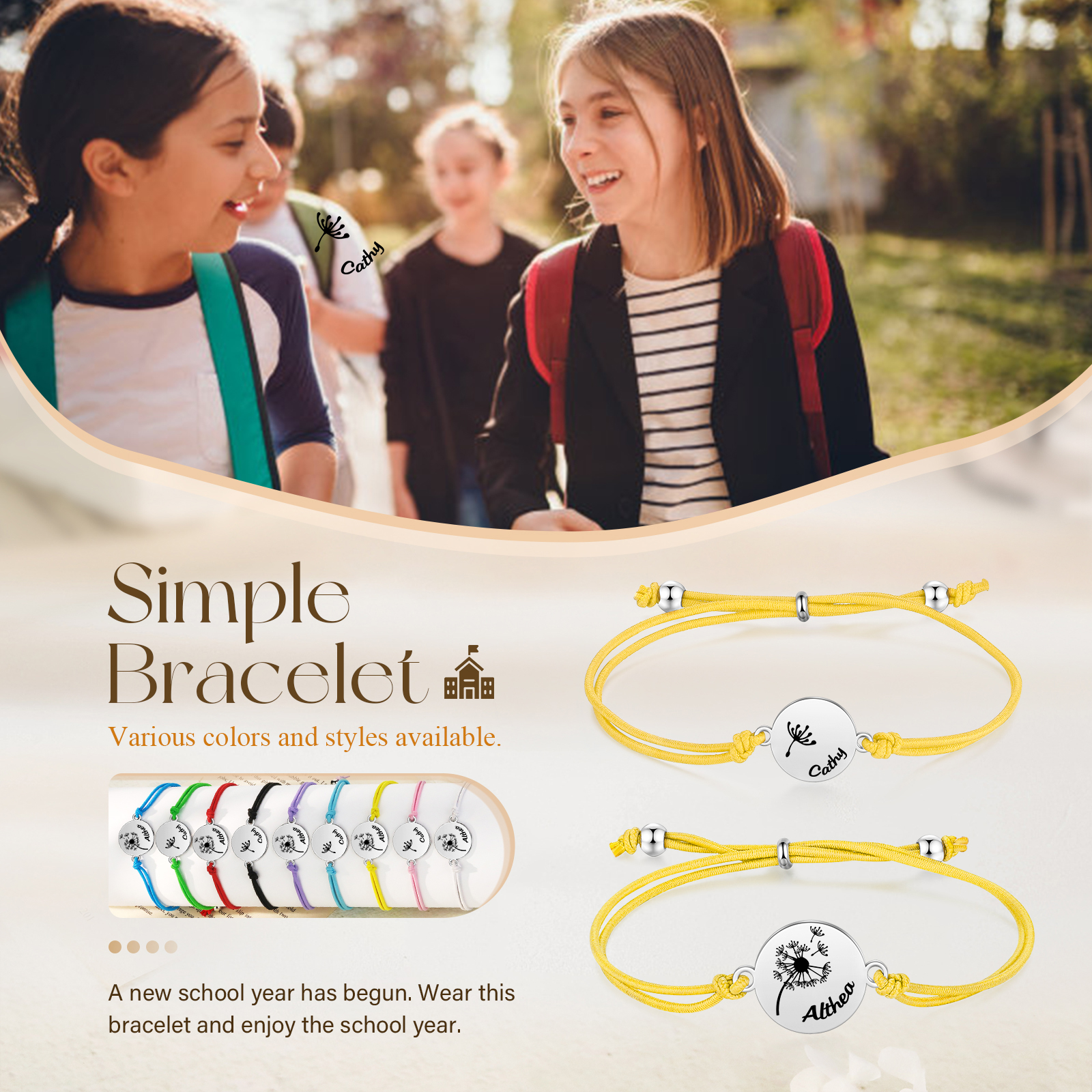 2-PCS Personalised Elastic Cord Bracelet with Dandelion Pattern, Customized with 2 Names, Gift for Daughter
