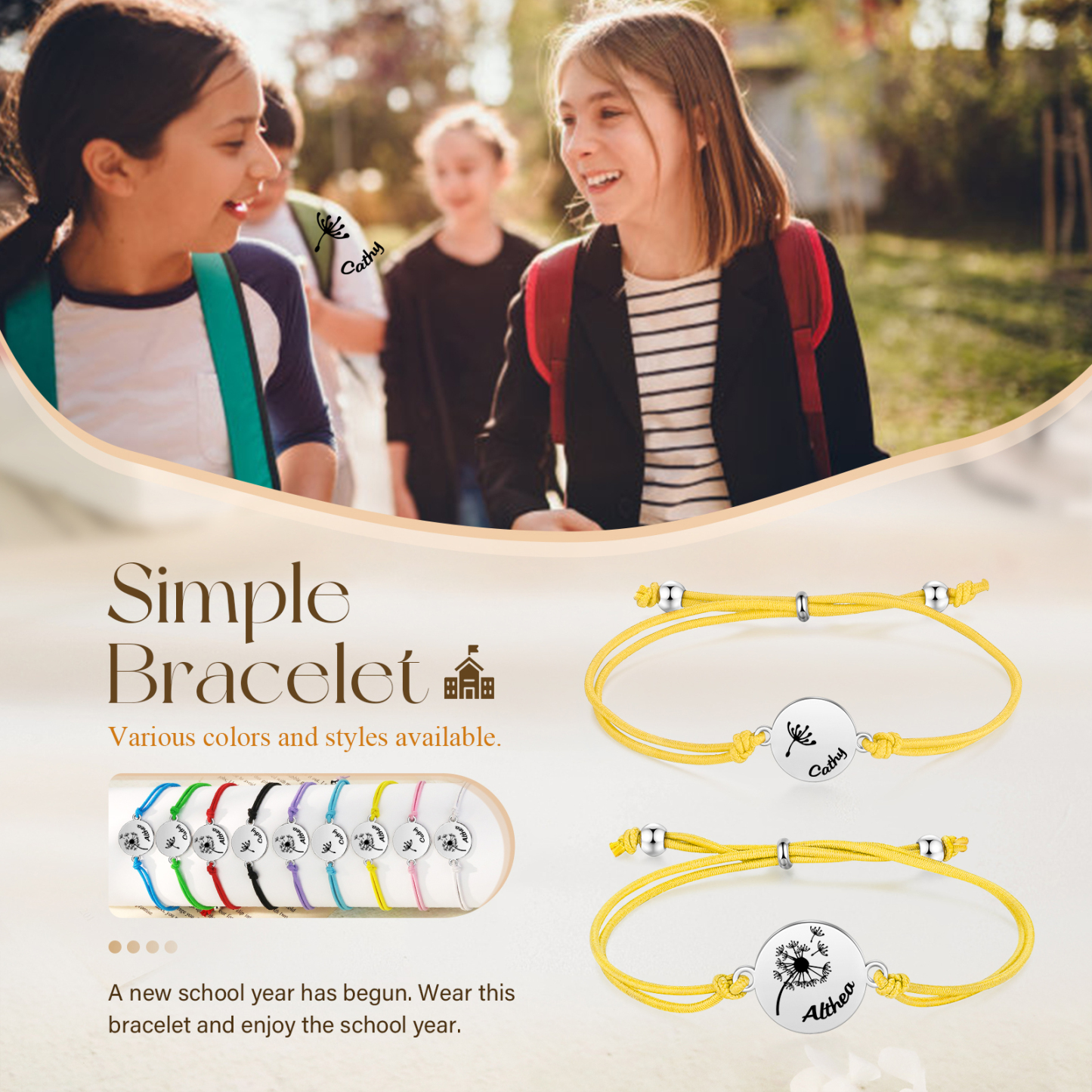 2-PCS Personalised Elastic Cord Bracelet with Dandelion Pattern, Customized with 2 Names, Gift for Daughter