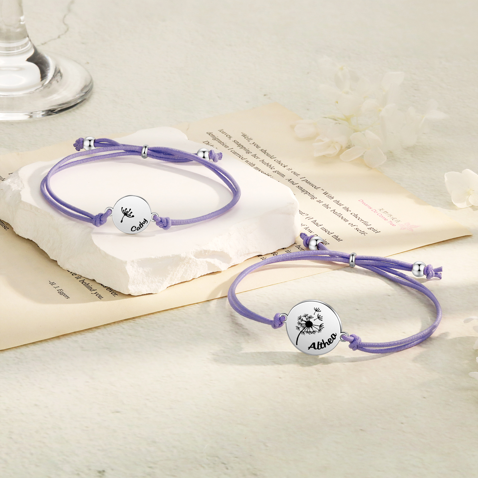 2-PCS Personalised Elastic Cord Bracelet with Dandelion Pattern, Customized with 2 Names, Gift for Daughter