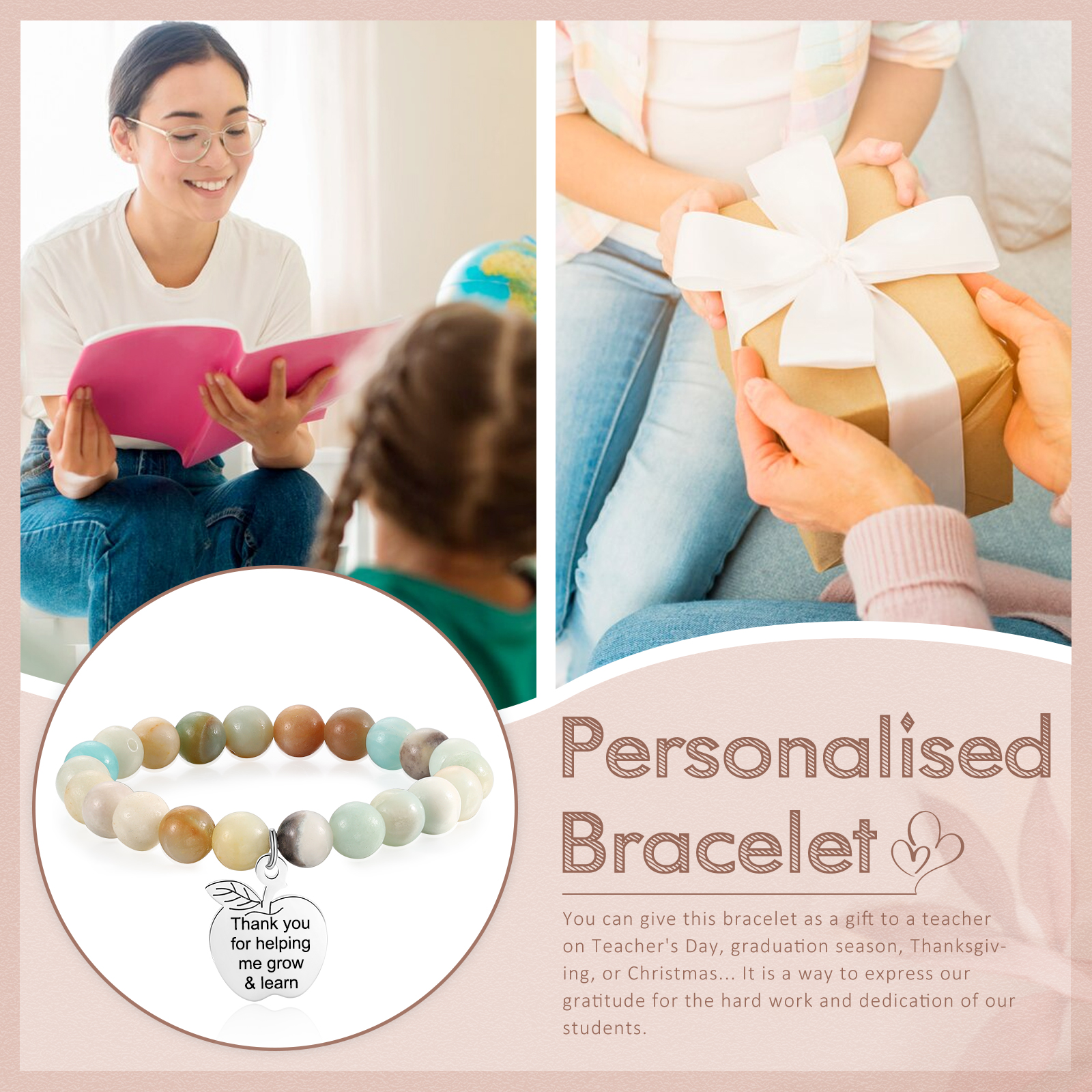 Personalized Text Stainless Steel & Stone Exquisite Bracelet, A Back-To-School Gift For Daughter/Son