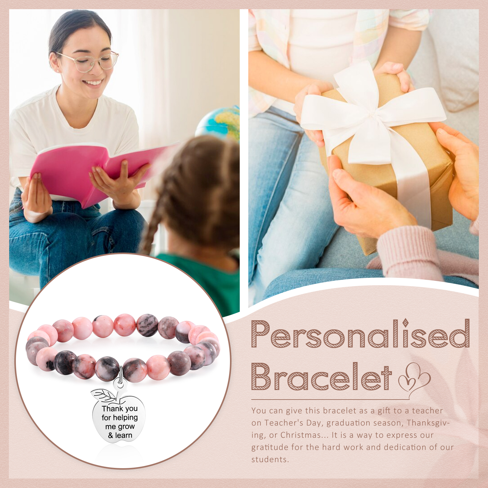 Personalized Text Stainless Steel & Stone Exquisite Bracelet, A Back-To-School Gift For Daughter/Son