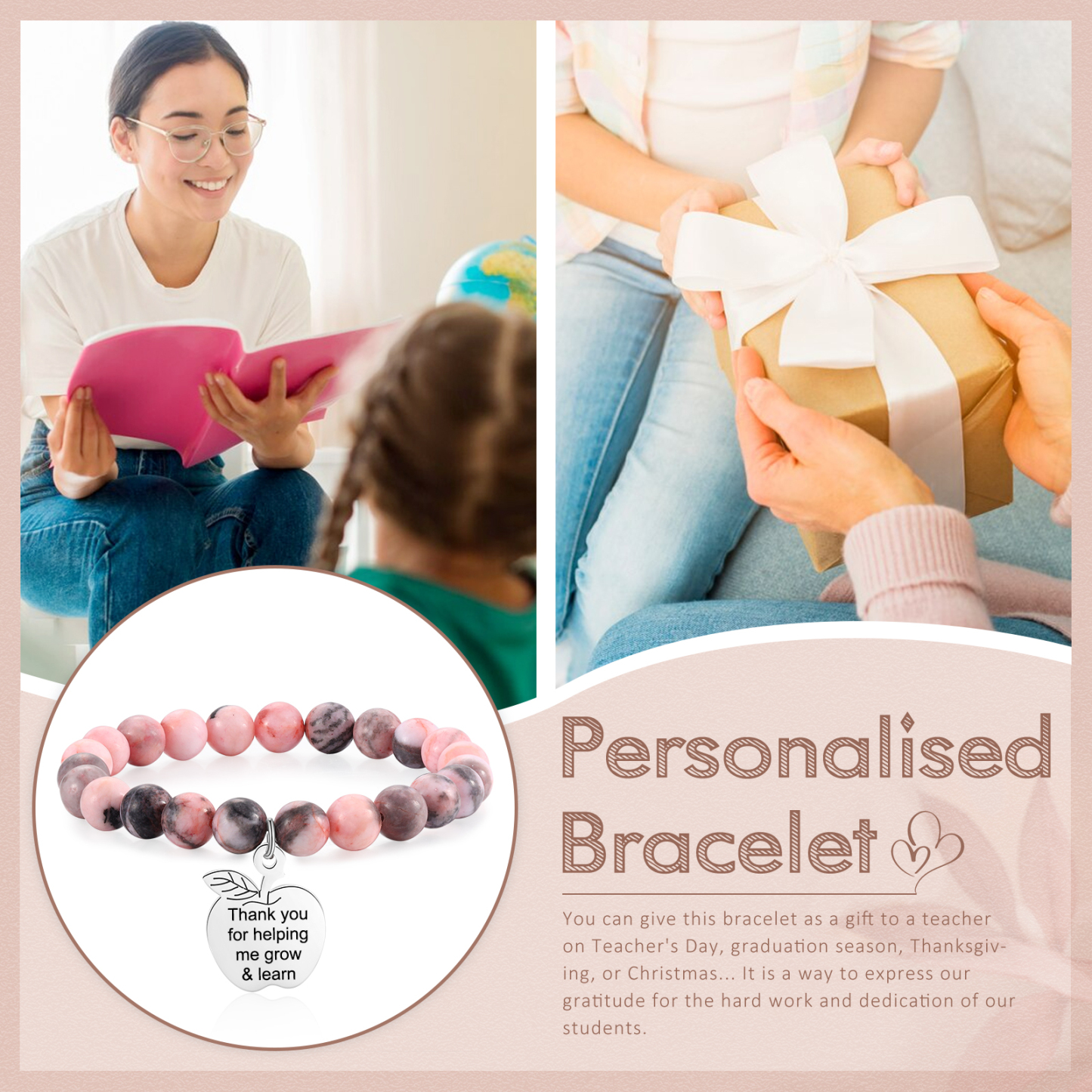 Personalized Text Stainless Steel & Stone Exquisite Bracelet, A Back-To-School Gift For Daughter/Son