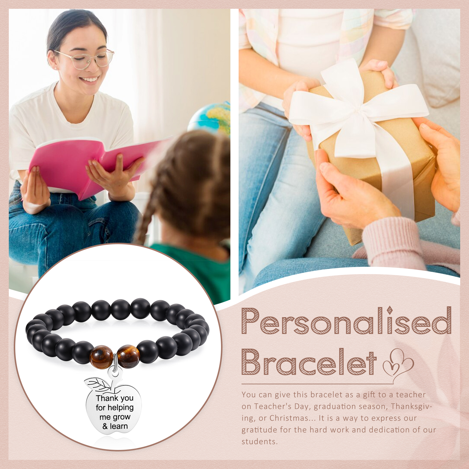 Personalized Text Stainless Steel & Stone Exquisite Bracelet, A Back-To-School Gift For Daughter/Son