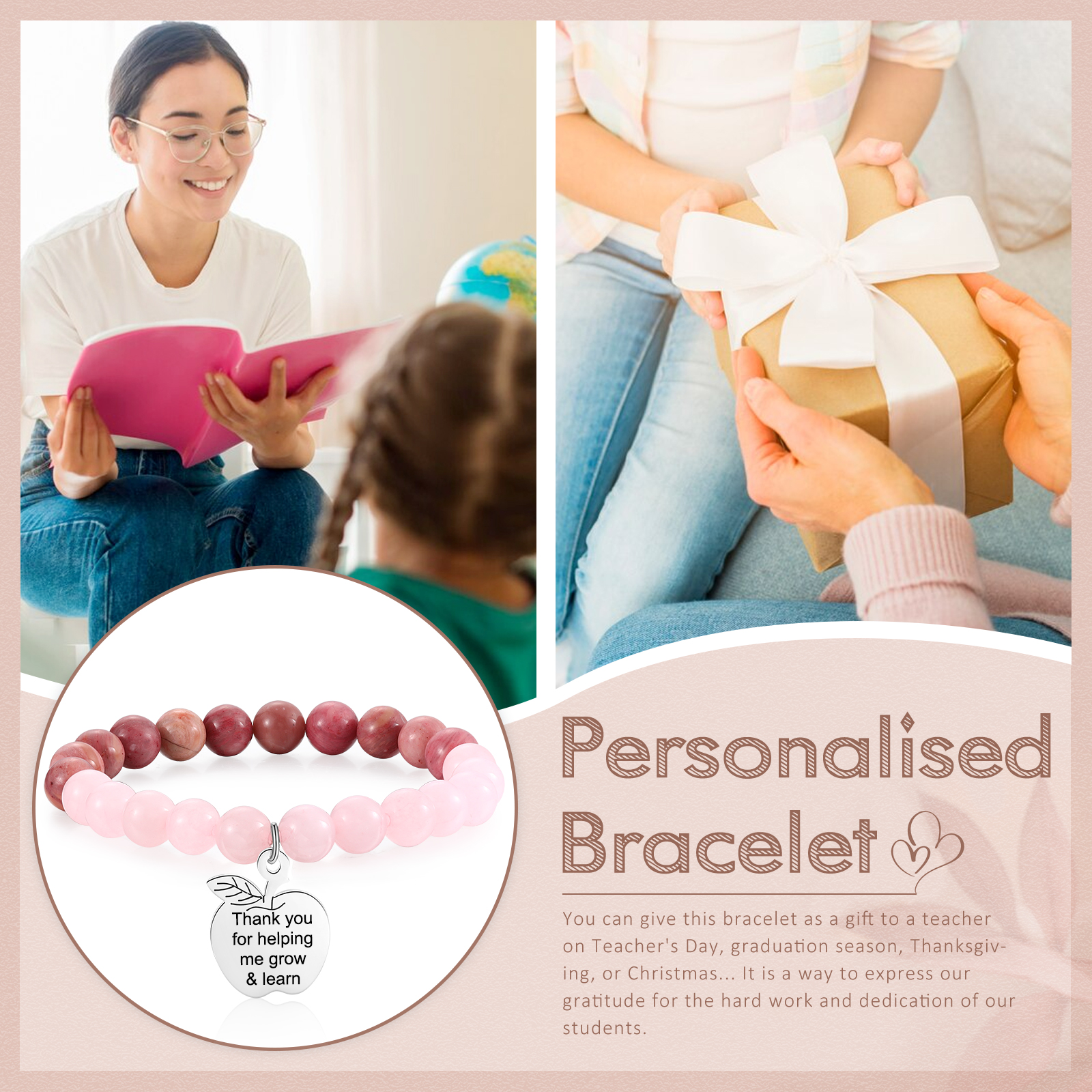 Personalized Text Stainless Steel & Stone Exquisite Bracelet, A Back-To-School Gift For Daughter/Son