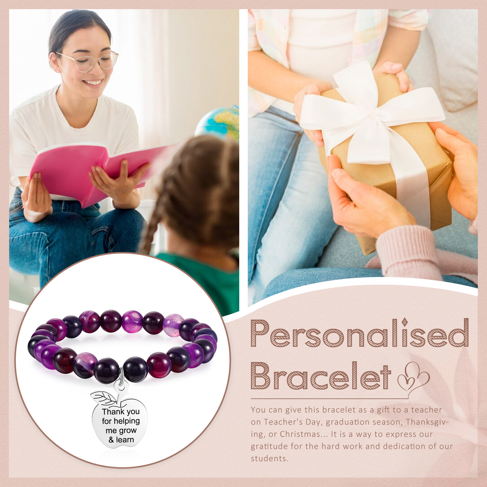 Personalized Text Stainless Steel & Stone Exquisite Bracelet, A Back-To-School Gift For Daughter/Son