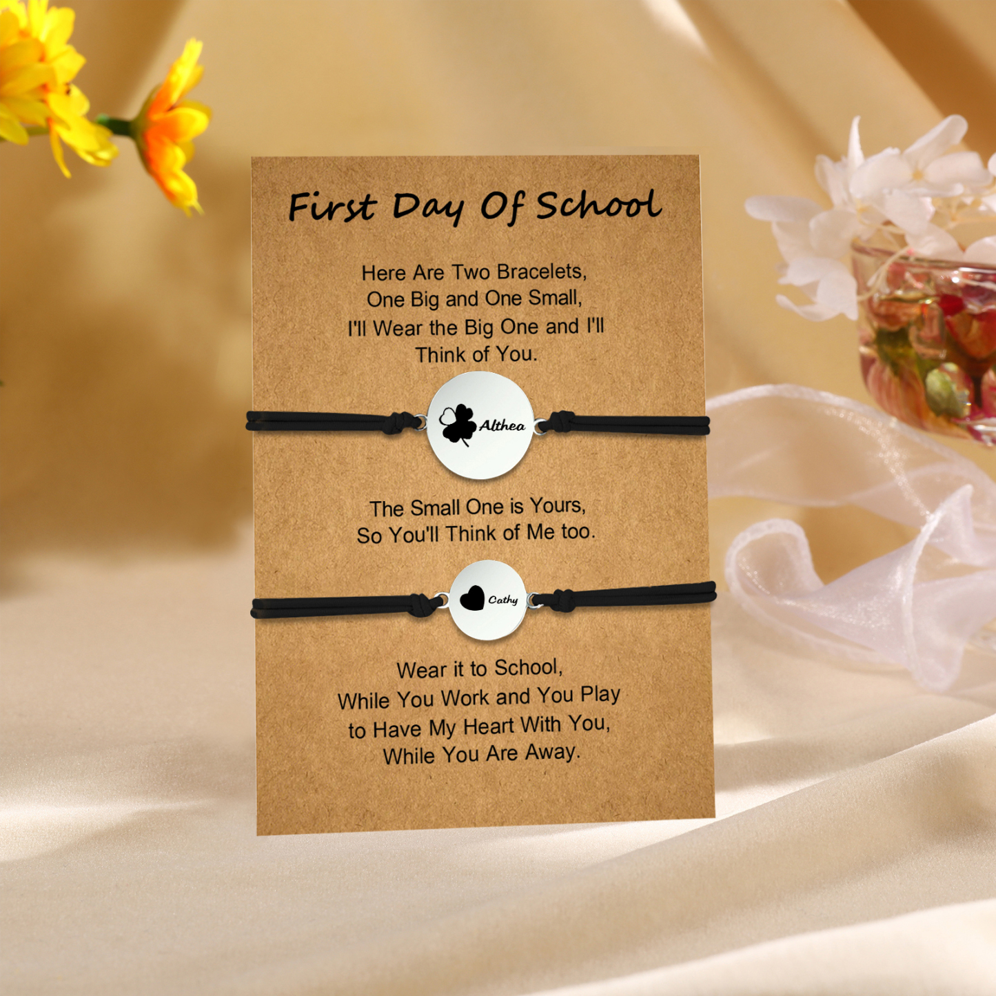 2 PCS Four Leaf Clover And Heart Elastic Stainless Steel Bracelets, A Good First Day Of School Gift For Daughter