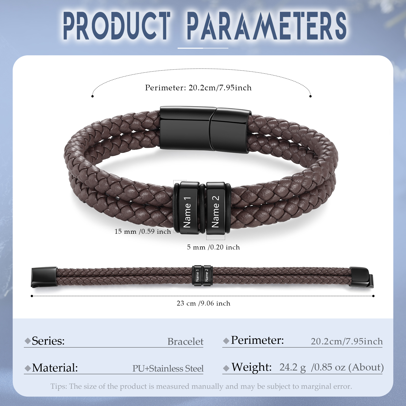 2 Names - Personalized Name Men's Leather Bracelet Gift for Him