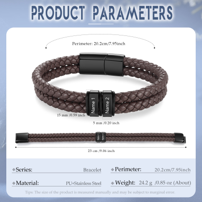 2 Names - Personalized Name Men's Leather Bracelet Gift for Him