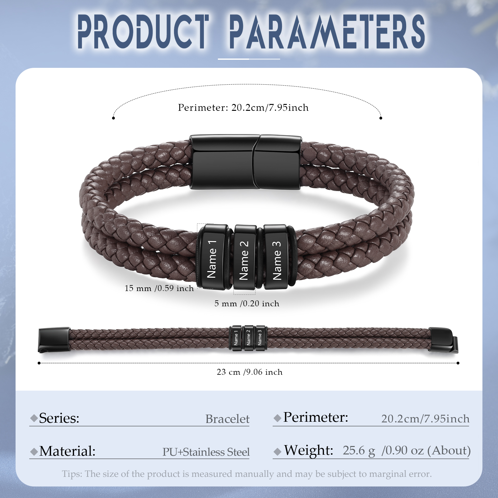 3 Names - Personalized Name Men's Leather Bracelet Gift for Him