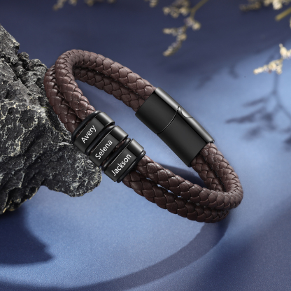 3 Names - Personalized Name Men's Leather Bracelet Gift for Him