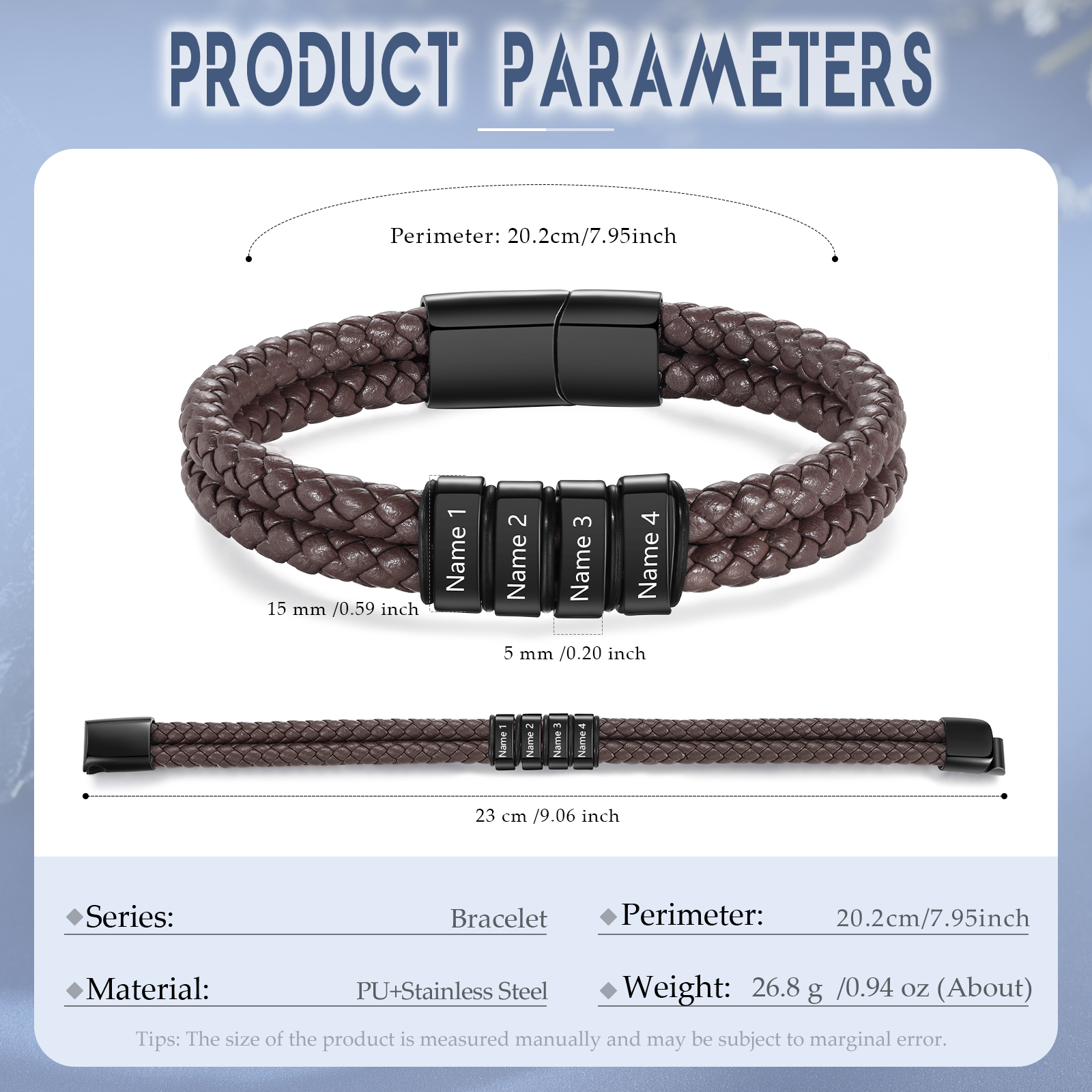 4 Names - Personalized Name Men's Leather Bracelet Gift for Him