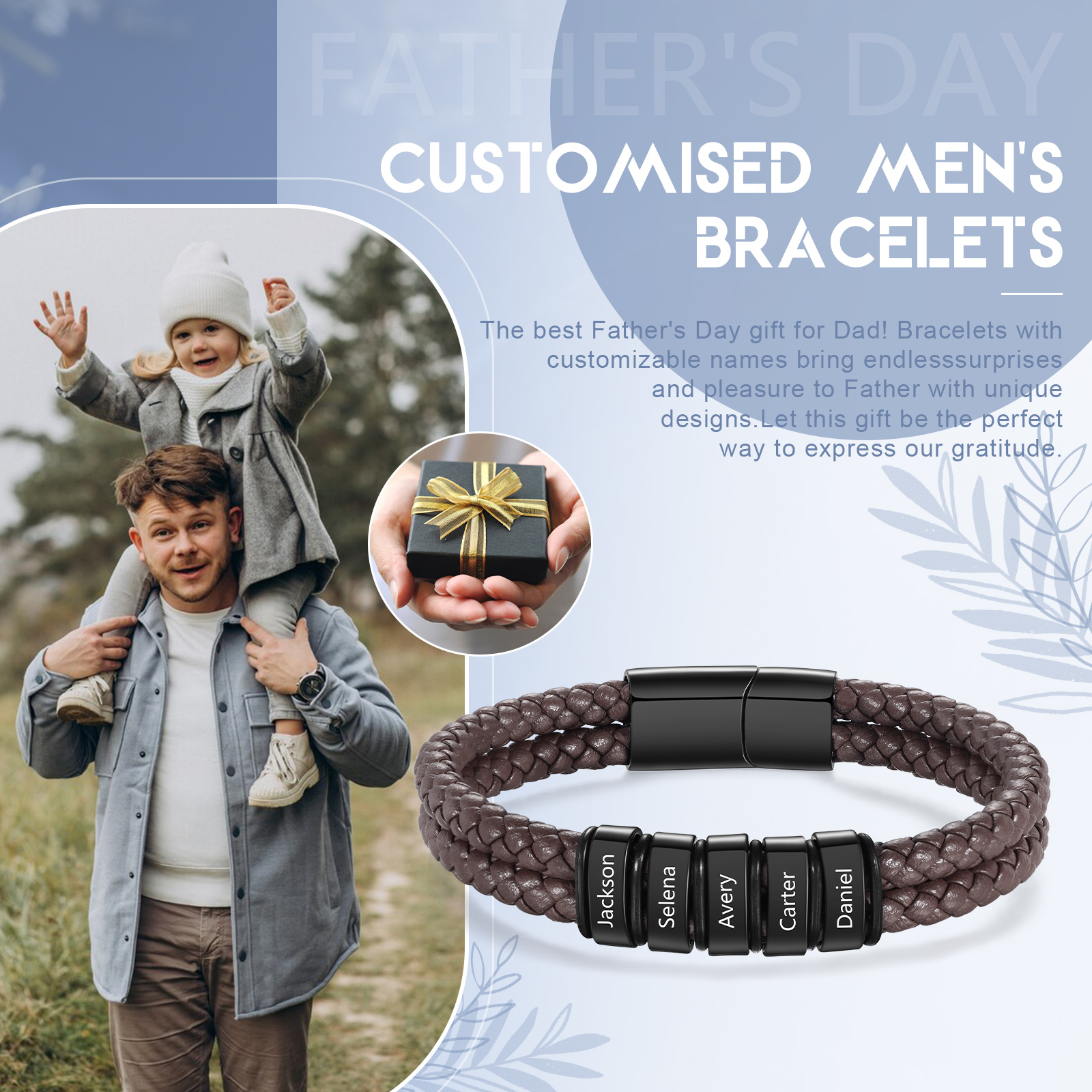 5 Names - Personalized Name Men's Leather Bracelet Gift for Him