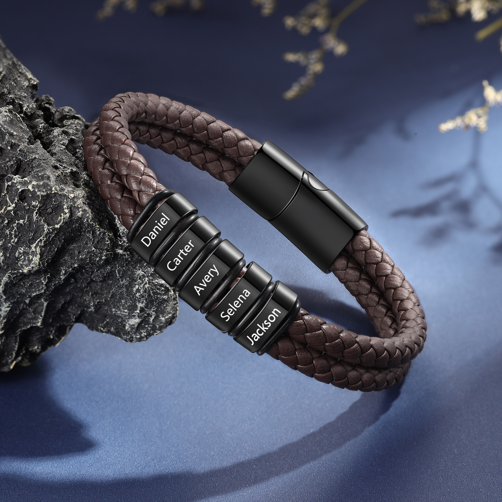 5 Names - Personalized Name Men's Leather Bracelet Gift for Him