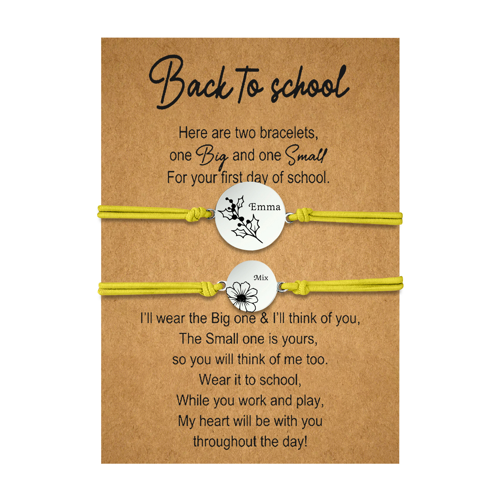 2 PCS Personalized 2 Birthflowers & 2 Names Elastic Stainless Steel Bracelet Back to School Gift for Daughter