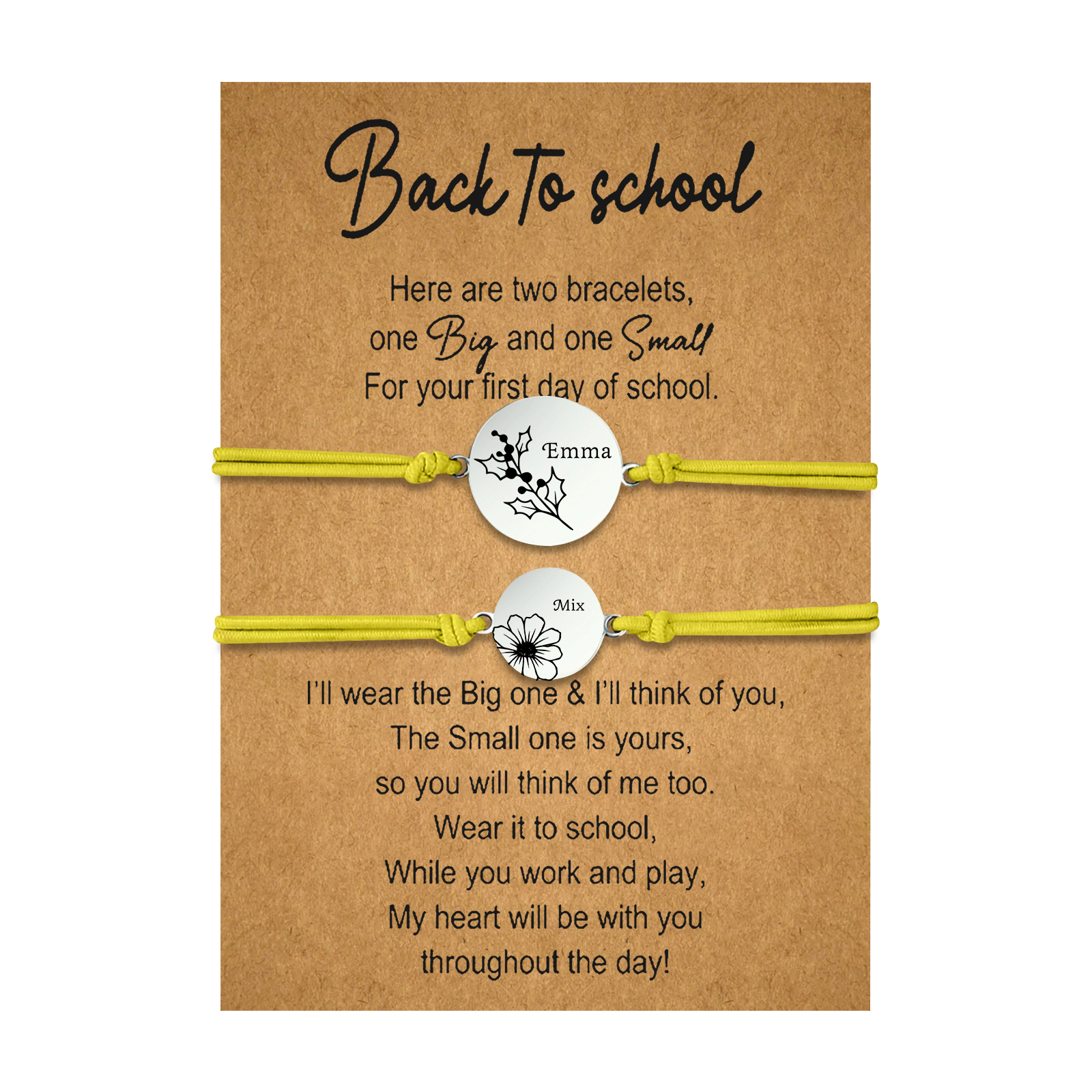 2 PCS Personalized 2 Birthflowers & 2 Names Elastic Stainless Steel Bracelet Back to School Gift for Daughter