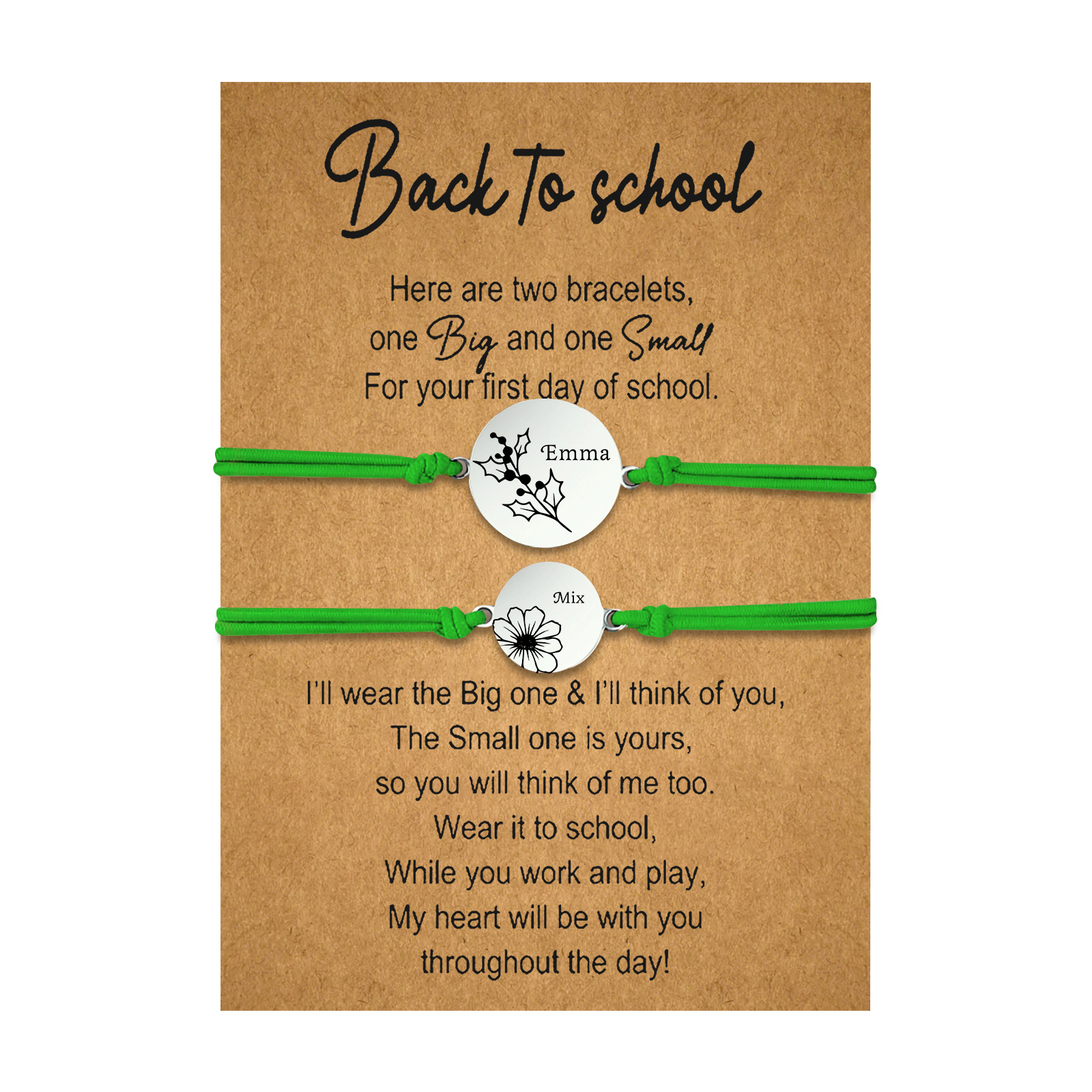 2 PCS Personalized 2 Birthflowers & 2 Names Elastic Stainless Steel Bracelet Back to School Gift for Daughter