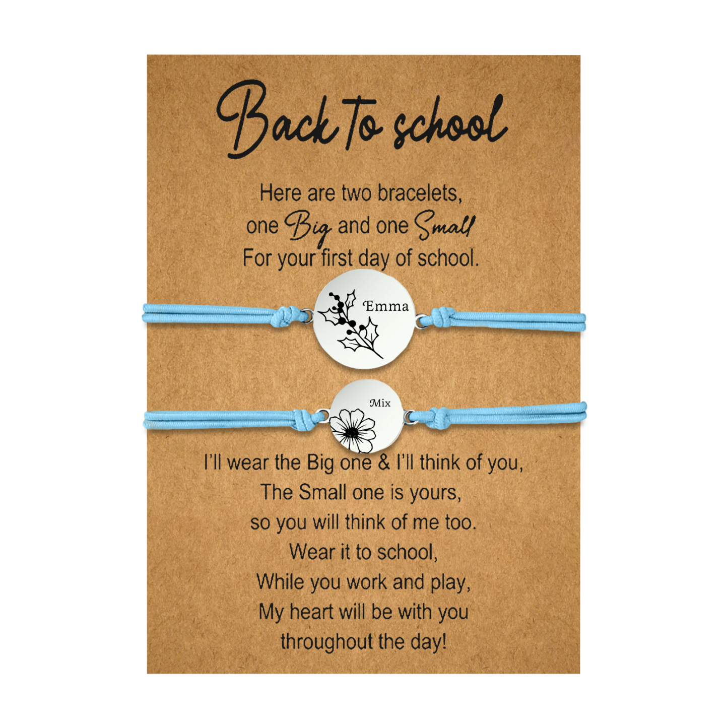 2 PCS Personalized 2 Birthflowers & 2 Names Elastic Stainless Steel Bracelet Back to School Gift for Daughter