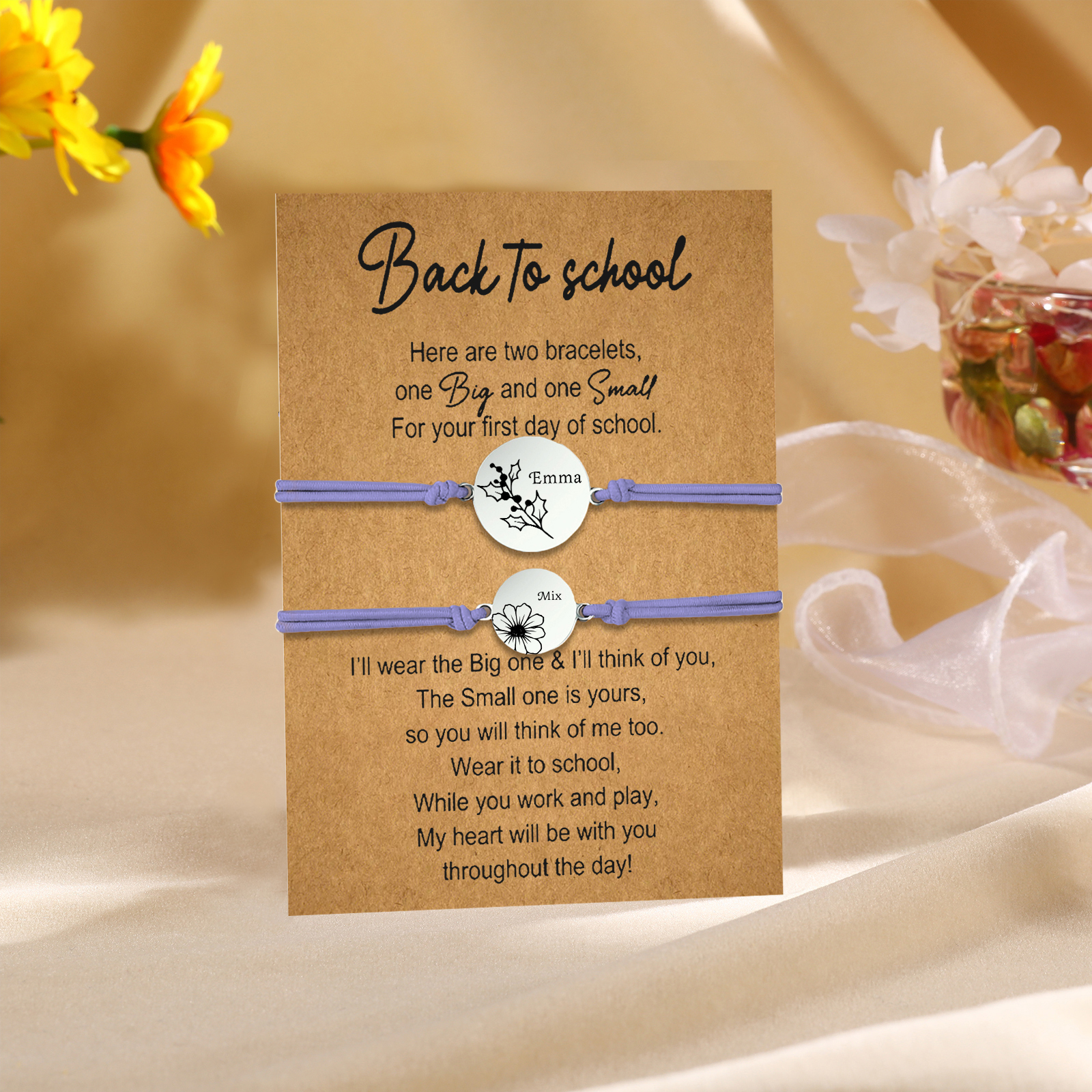 2 PCS Personalized 2 Birthflowers & 2 Names Elastic Stainless Steel Bracelet Back to School Gift for Daughter