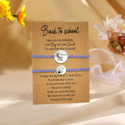 2 PCS Personalized 2 Birthflowers & 2 Names Elastic Stainless Steel Bracelet Back to School Gift for Daughter