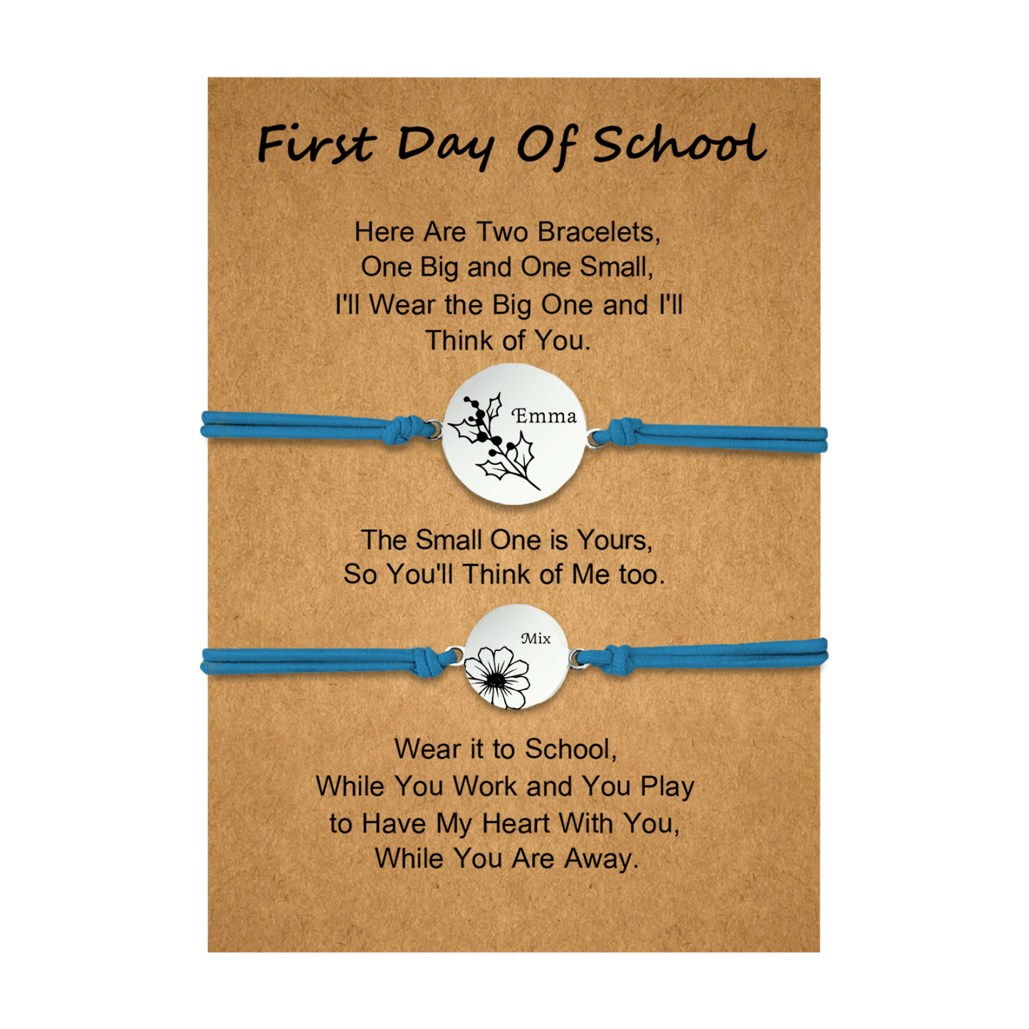 2 PCS Personalized 2 Birthflowers & 2 Names Elastic Stainless Steel Bracelet First Day of School Gift for Daughter