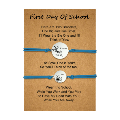 2 PCS Personalized 2 Birthflowers & 2 Names Elastic Stainless Steel Bracelet First Day of School Gift for Daughter