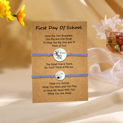 2 PCS Personalized 2 Birthflowers & 2 Names Elastic Stainless Steel Bracelet First Day of School Gift for Daughter