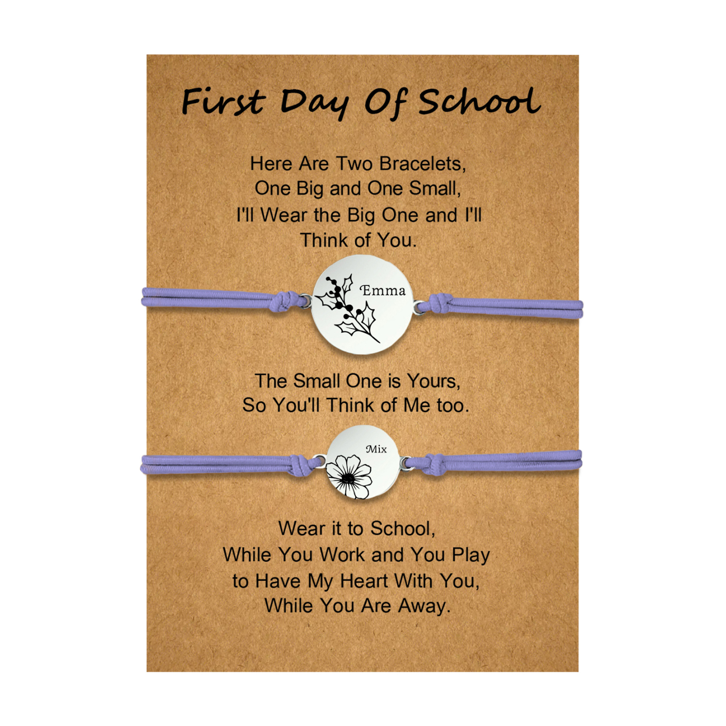 2 PCS Personalized 2 Birthflowers & 2 Names Elastic Stainless Steel Bracelet First Day of School Gift for Daughter