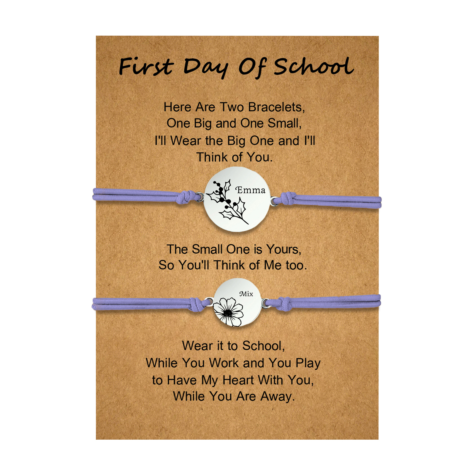 2 PCS Personalized 2 Birthflowers & 2 Names Elastic Stainless Steel Bracelet First Day of School Gift for Daughter