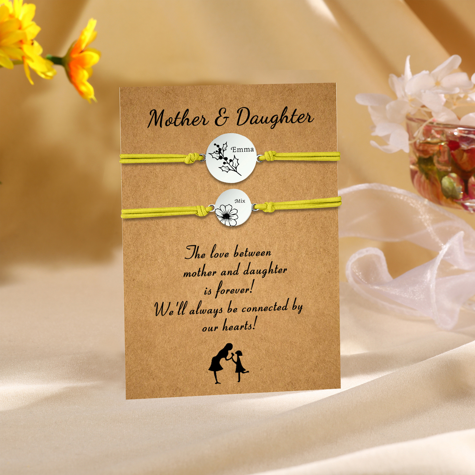 2PCS Personalized 2 Birthflowers and 2 Names Elastic Stainless Steel Bracelet Mother and Daughter Back to School Gift for Daughter