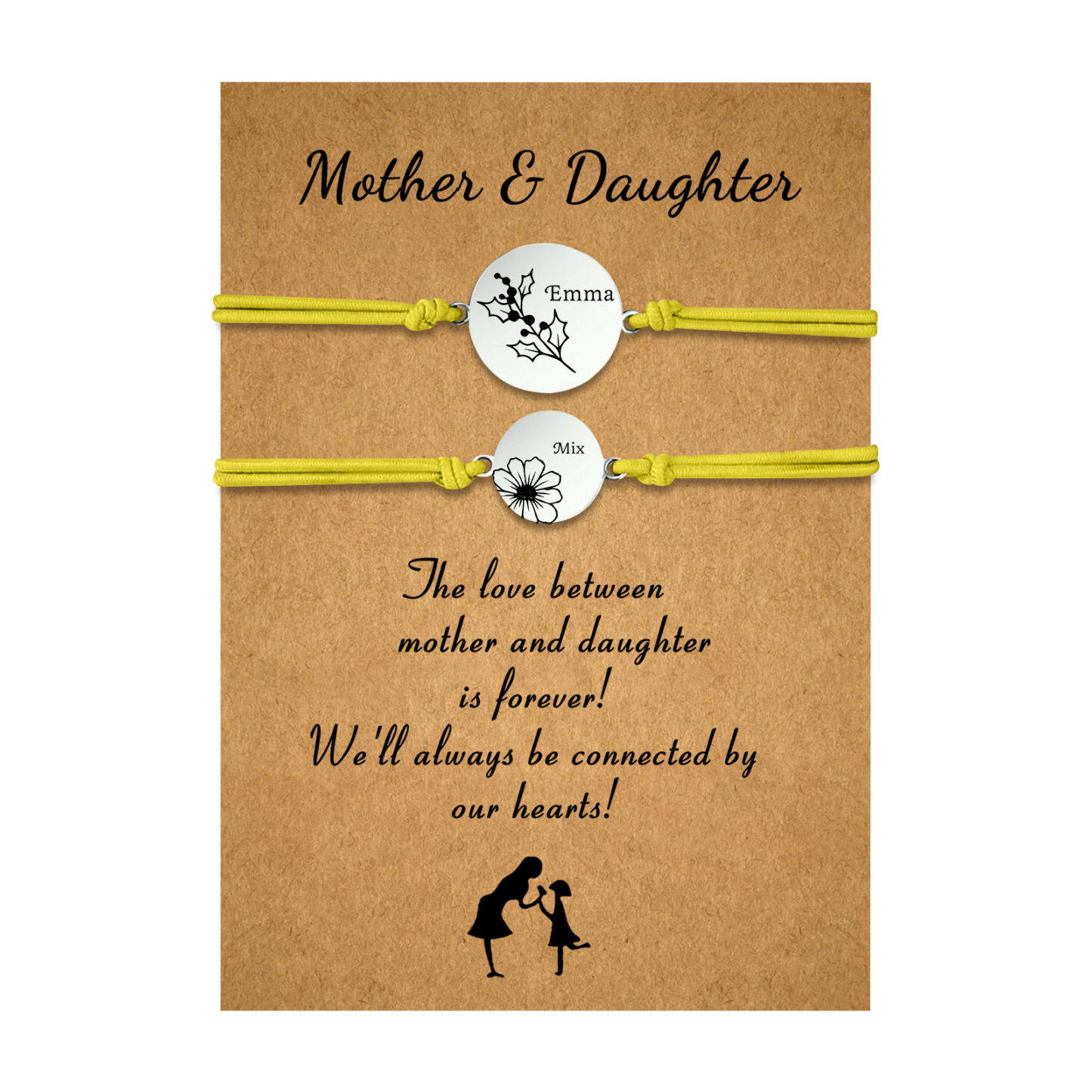 2PCS Personalized 2 Birthflowers and 2 Names Elastic Stainless Steel Bracelet Mother and Daughter Back to School Gift for Daughter