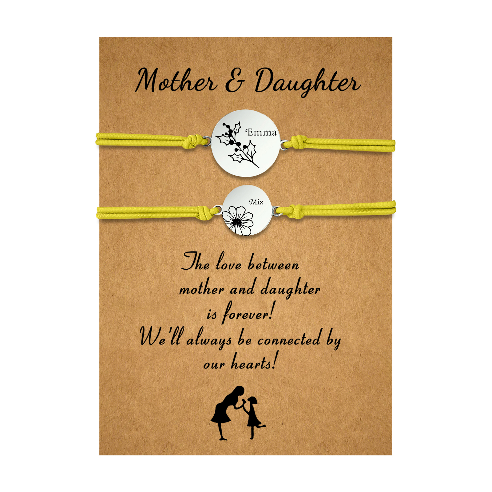 2PCS Personalized 2 Birthflowers and 2 Names Elastic Stainless Steel Bracelet Mother and Daughter Back to School Gift for Daughter