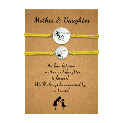 2PCS Personalized 2 Birthflowers and 2 Names Elastic Stainless Steel Bracelet Mother and Daughter Back to School Gift for Daughter