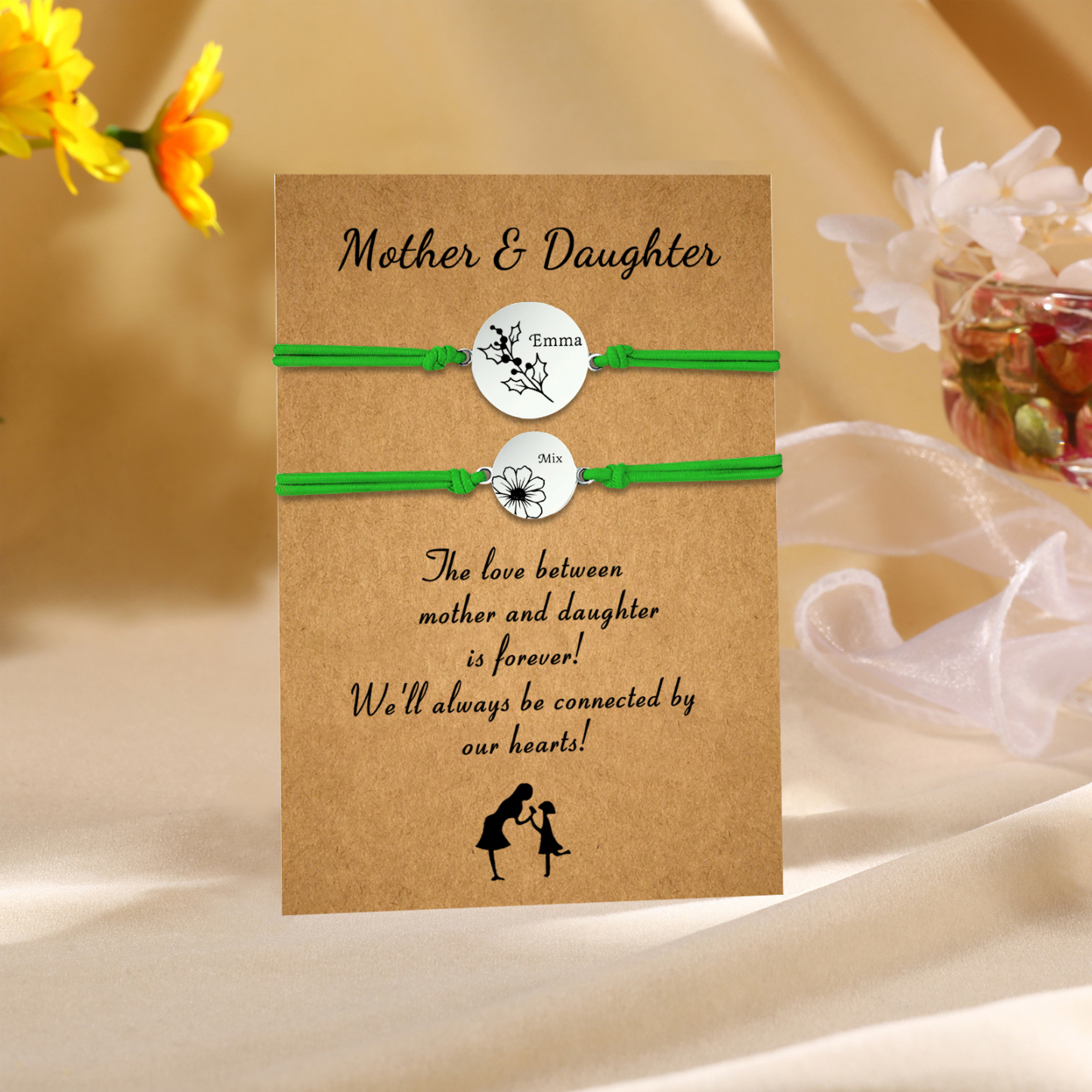 2PCS Personalized 2 Birthflowers and 2 Names Elastic Stainless Steel Bracelet Mother and Daughter Back to School Gift for Daughter