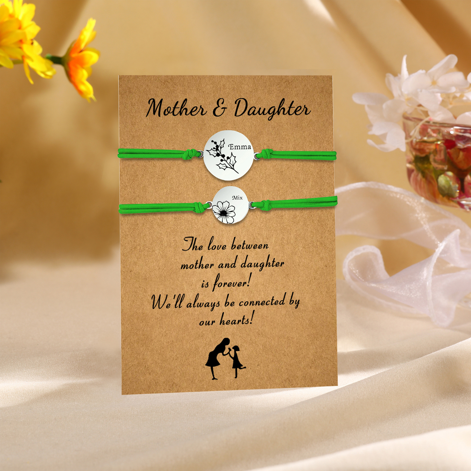 2PCS Personalized 2 Birthflowers and 2 Names Elastic Stainless Steel Bracelet Mother and Daughter Back to School Gift for Daughter