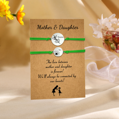 2PCS Personalized 2 Birthflowers and 2 Names Elastic Stainless Steel Bracelet Mother and Daughter Back to School Gift for Daughter