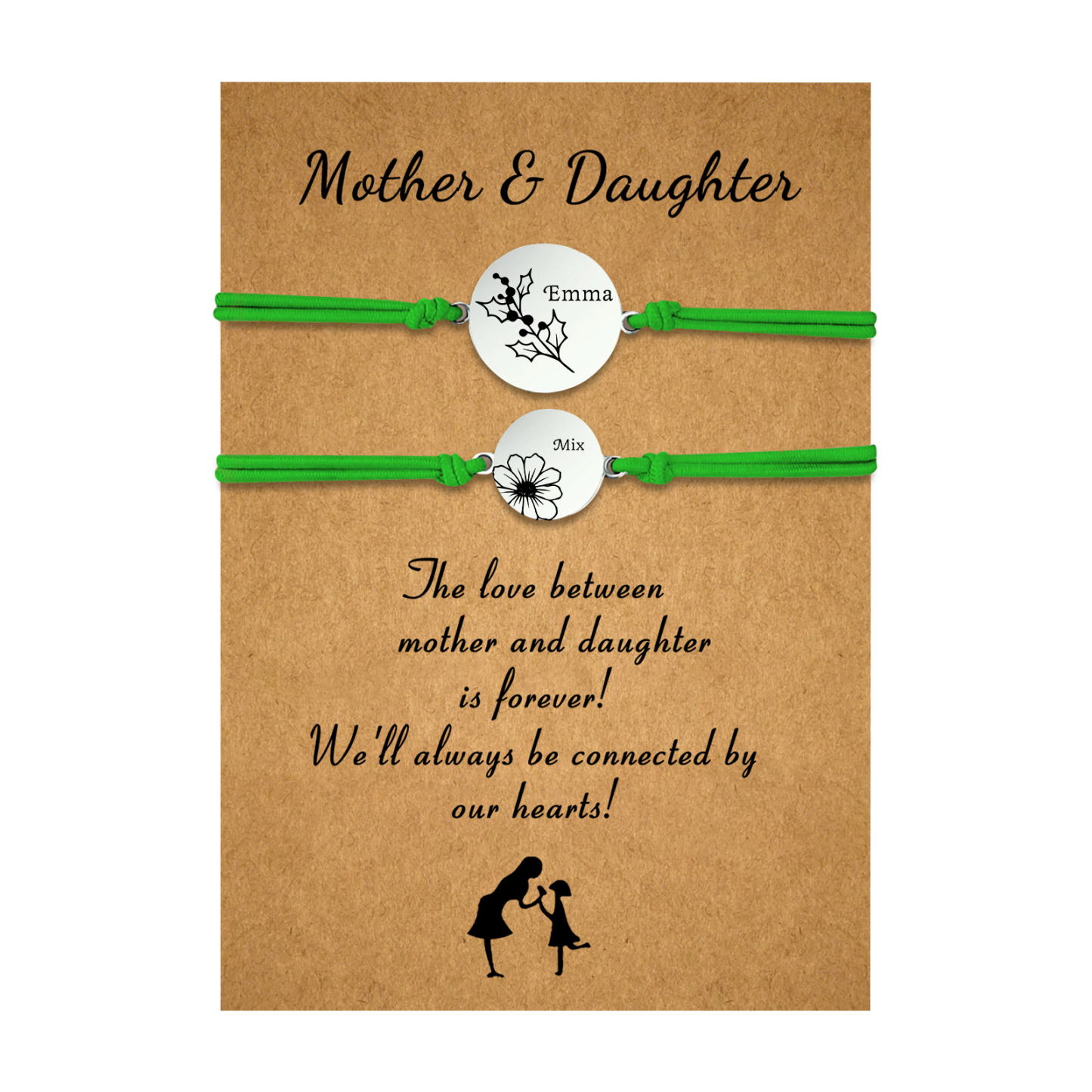 2PCS Personalized 2 Birthflowers and 2 Names Elastic Stainless Steel Bracelet Mother and Daughter Back to School Gift for Daughter